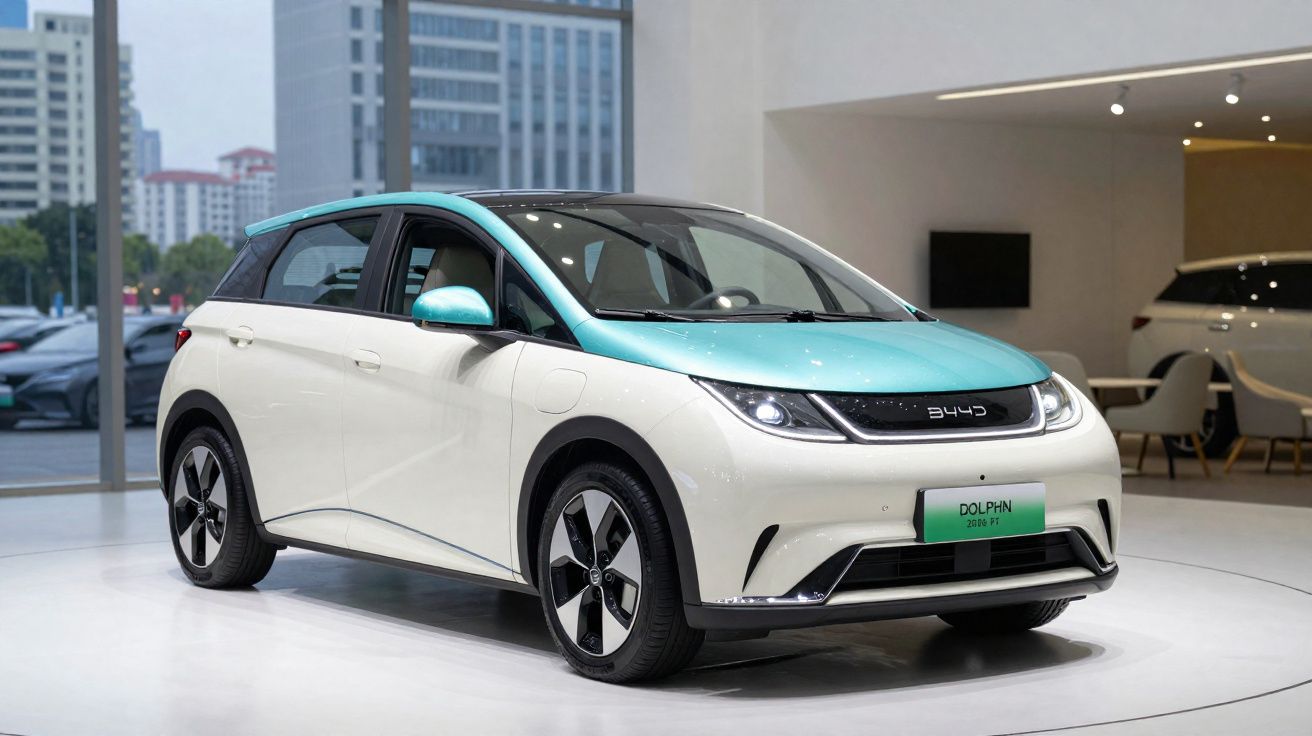 Voiture électrique BYD Dolphin blanche et turquoise exposée dans un showroom moderne et lumineux.