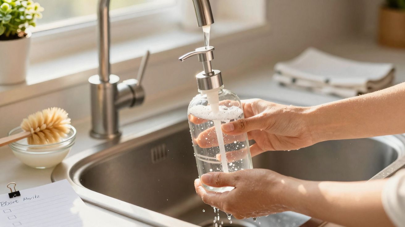 Une personne remplit un flacon pompe transparent d'eau au-dessus d'un évier en inox.