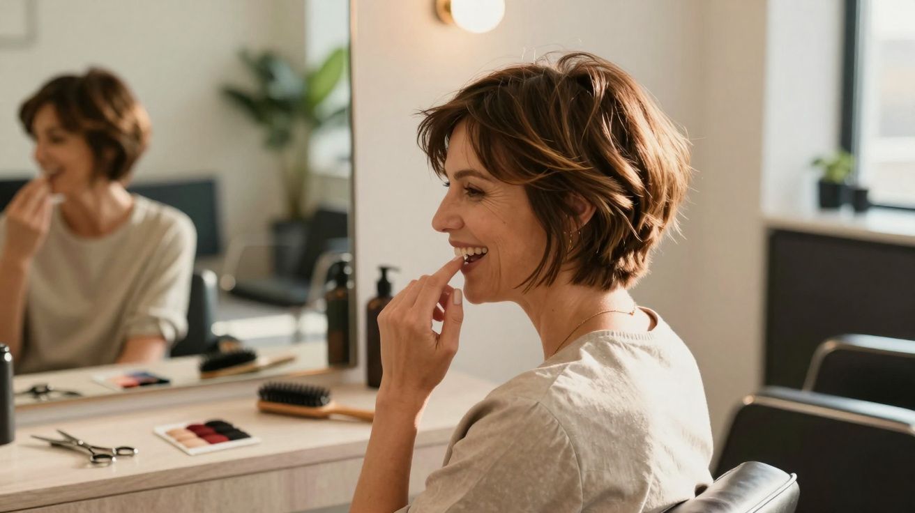 Femme souriante avec cheveux courts assise devant un miroir se préparant dans une pièce lumineuse.