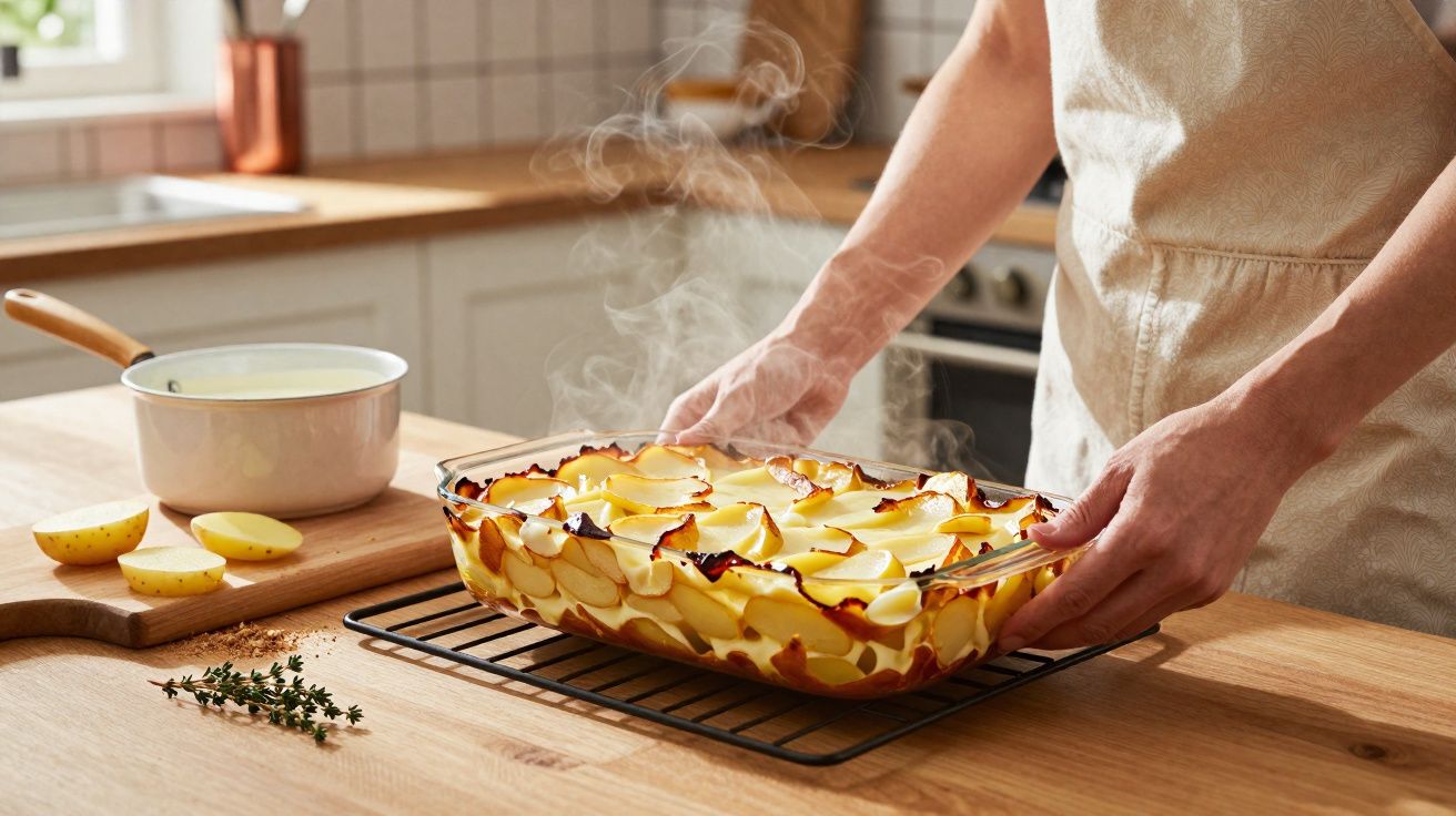 Personne sortant un gratin de pommes de terre fumant d'un four dans une cuisine lumineuse.