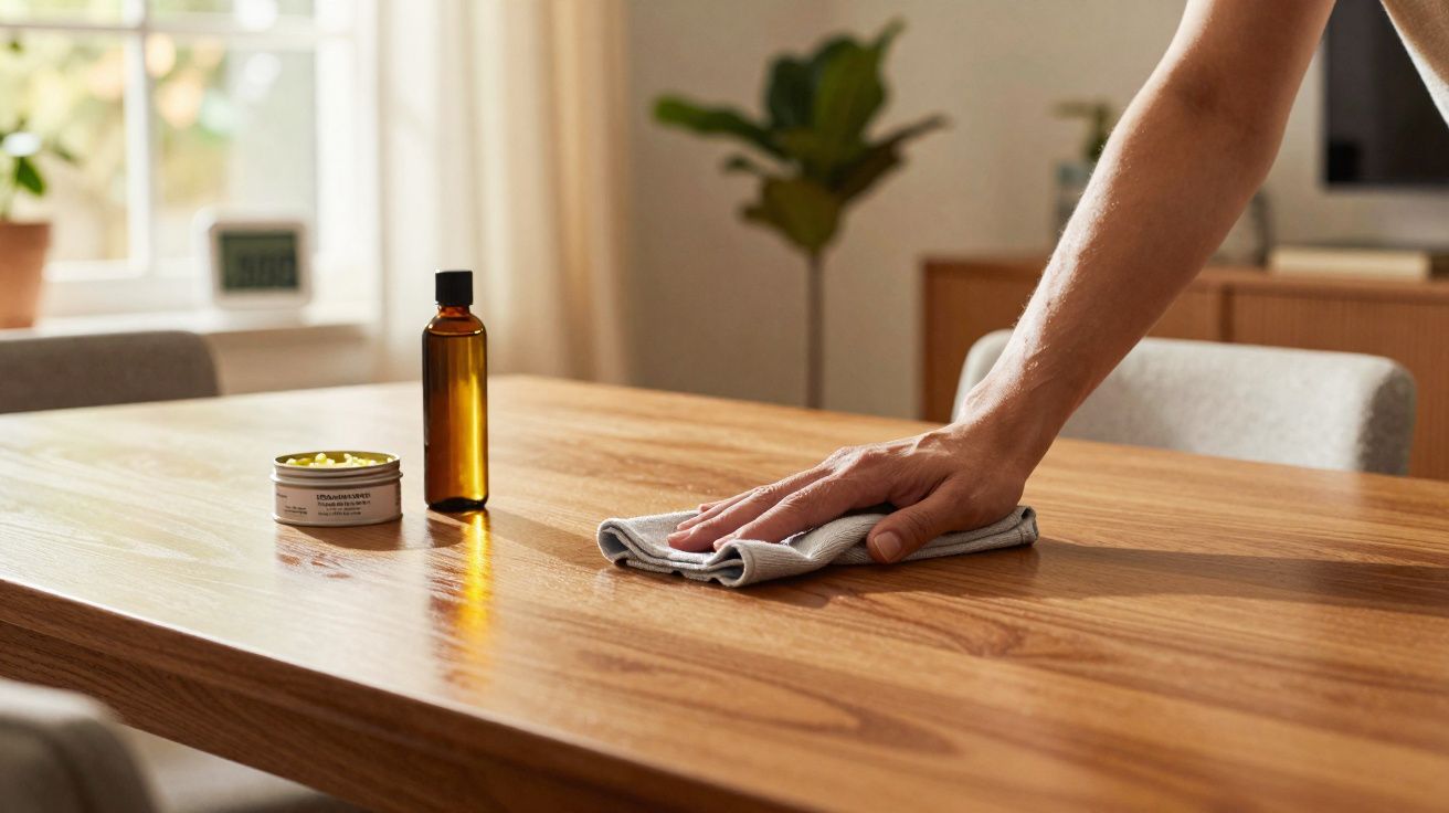Une main nettoie une table en bois avec un chiffon, flacons de liquide et crème visibles sur la surface.