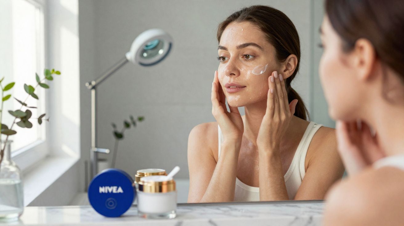 Jeune femme appliquant de la crème visage devant un miroir dans une salle de bain lumineuse.