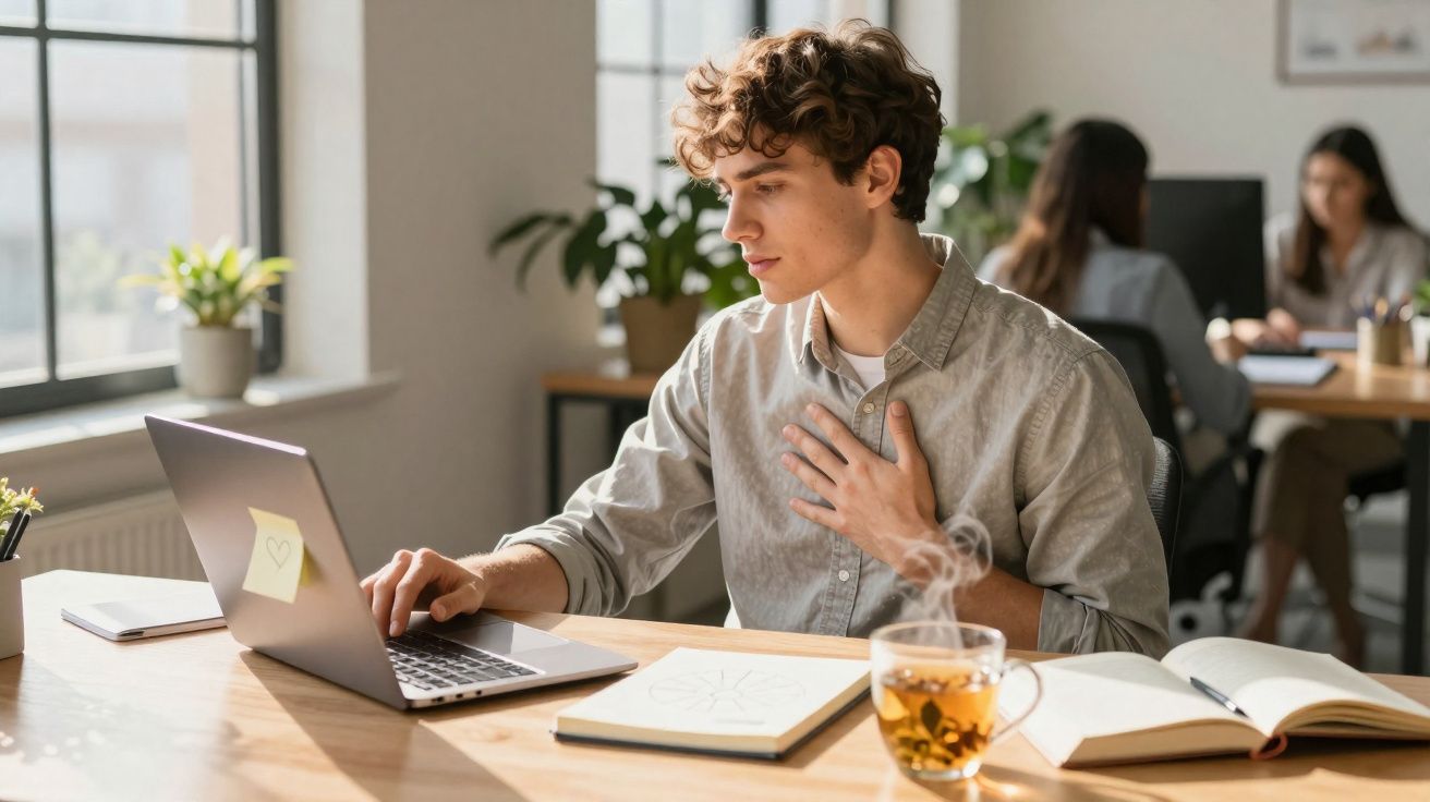 Jeune homme au bureau, main sur la poitrine, regardant son ordinateur portable près d'une tasse de thé fumante.