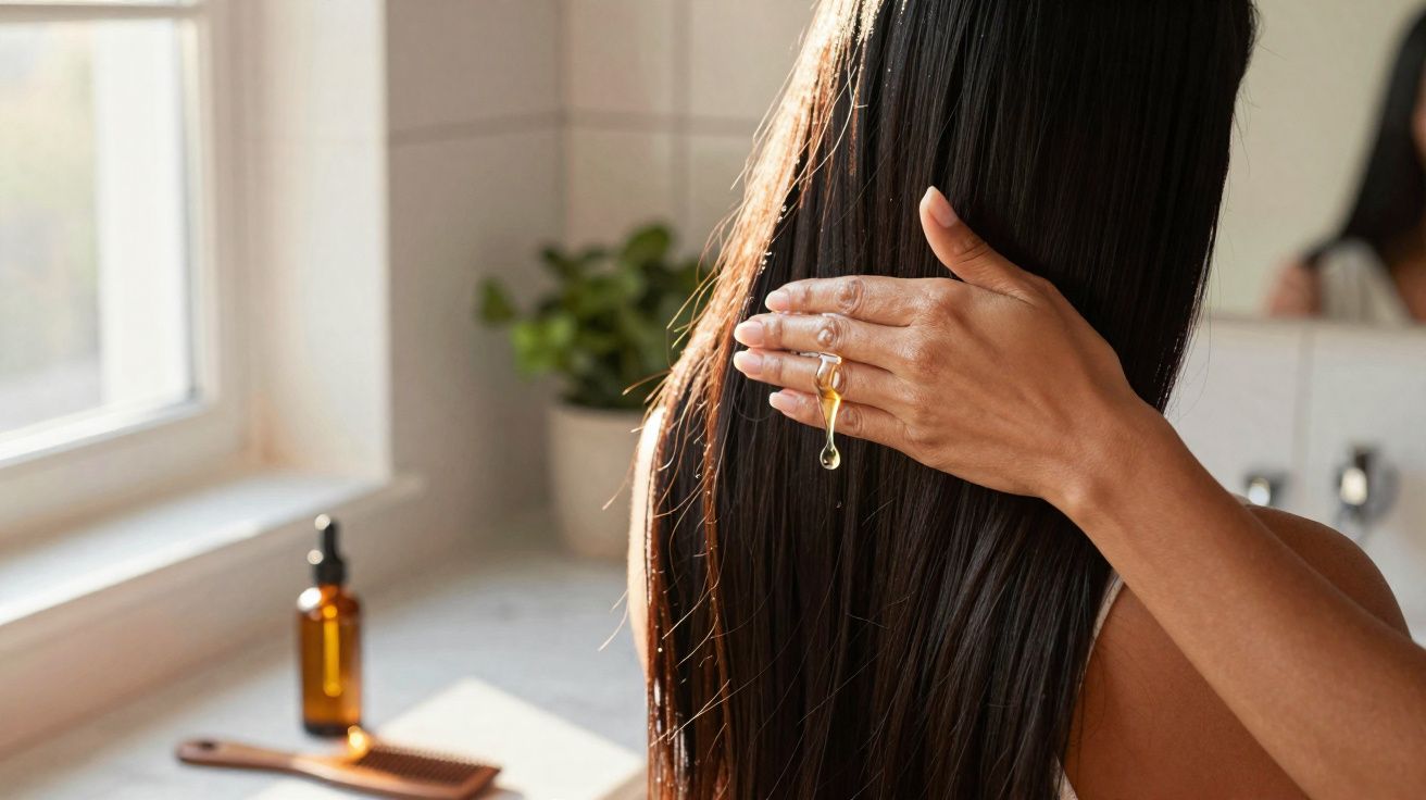 Une femme applique une huile capillaire sur ses longs cheveux bruns dans une salle de bain lumineuse.
