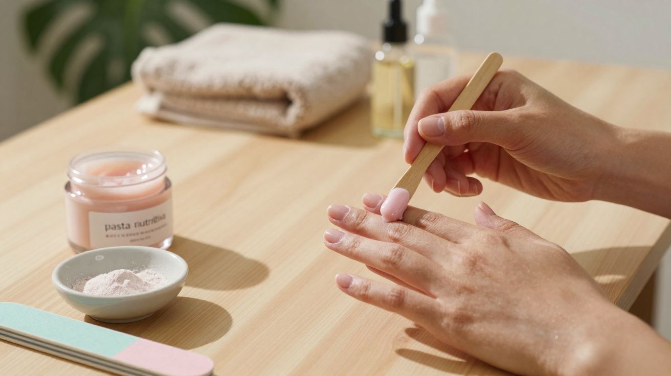 Mains appliquant une pâte rose sur les ongles avec des accessoires de manucure sur une table en bois.