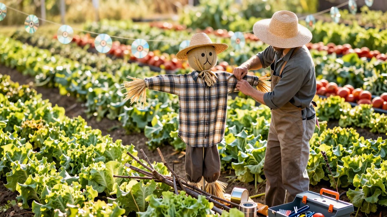 Agriculteur installant un épouvantail vêtu d'une chemise à carreaux dans un champ de légumes verts.