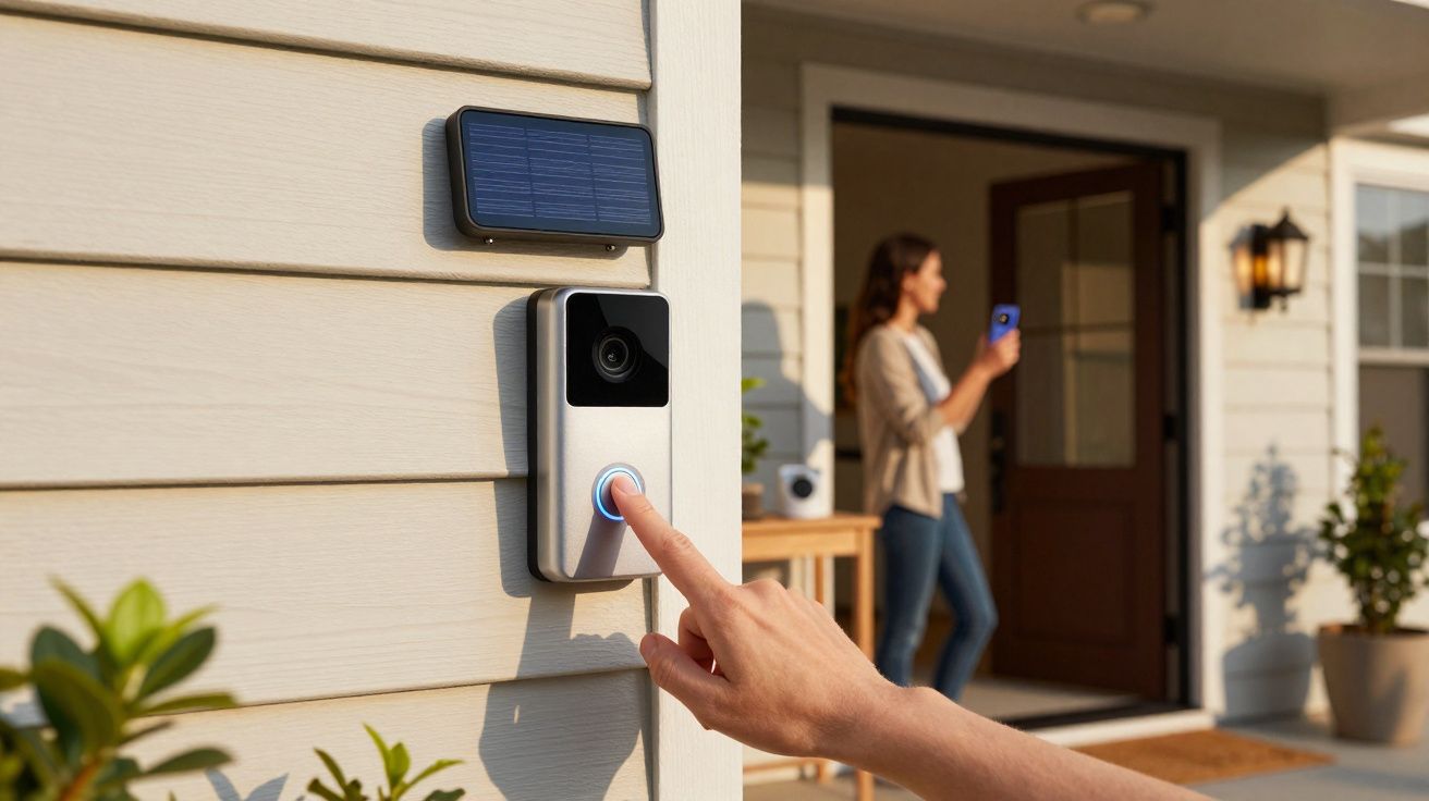 Main appuyant sur une sonnette vidéo solaire installée sur une maison, une femme en arrière-plan.