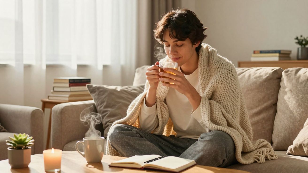 Jeune femme emmitouflée dans un plaid, sirotant une boisson chaude sur un canapé lumineux et confortable.