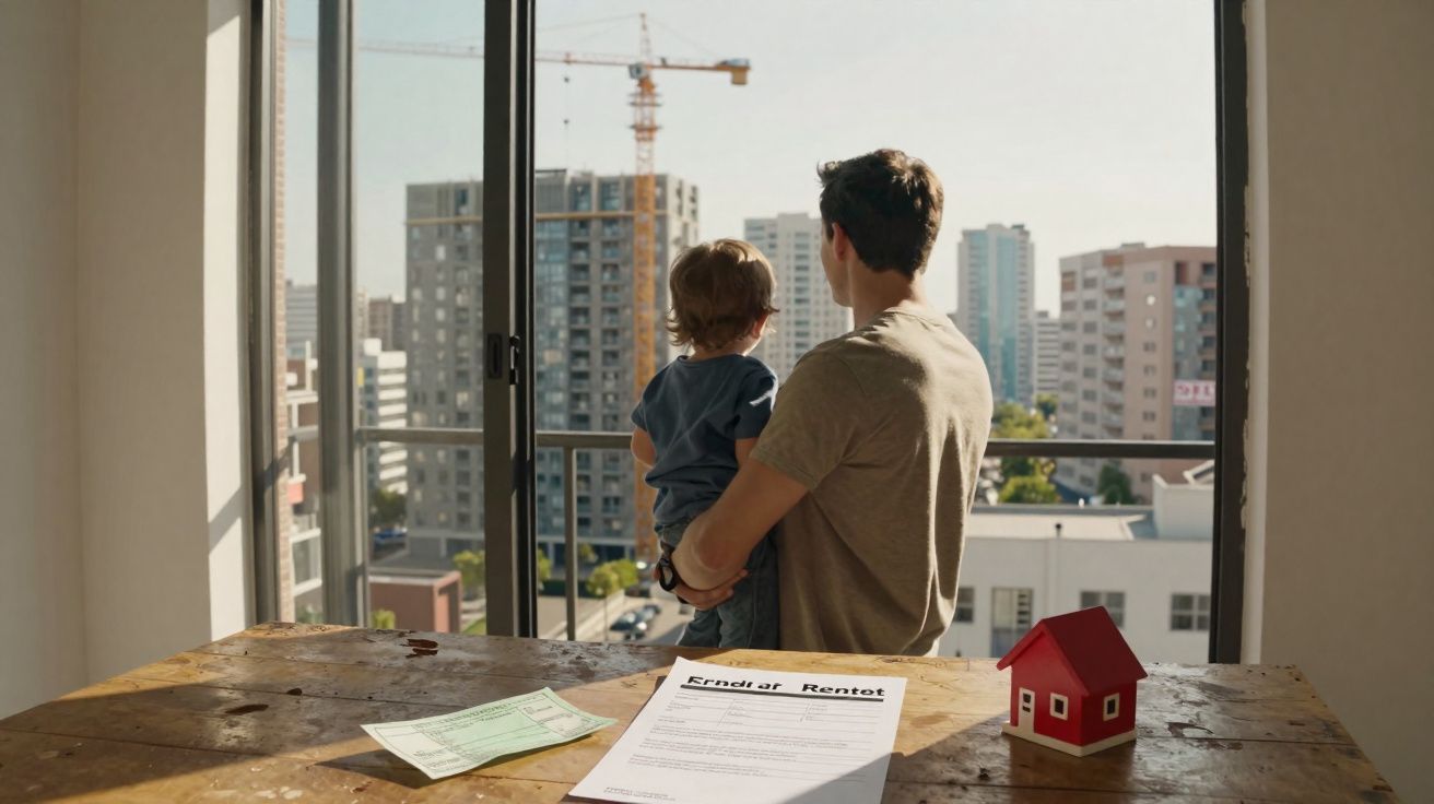Un homme tenant un enfant regarde par la fenêtre d’un appartement avec un contrat de location sur la table.