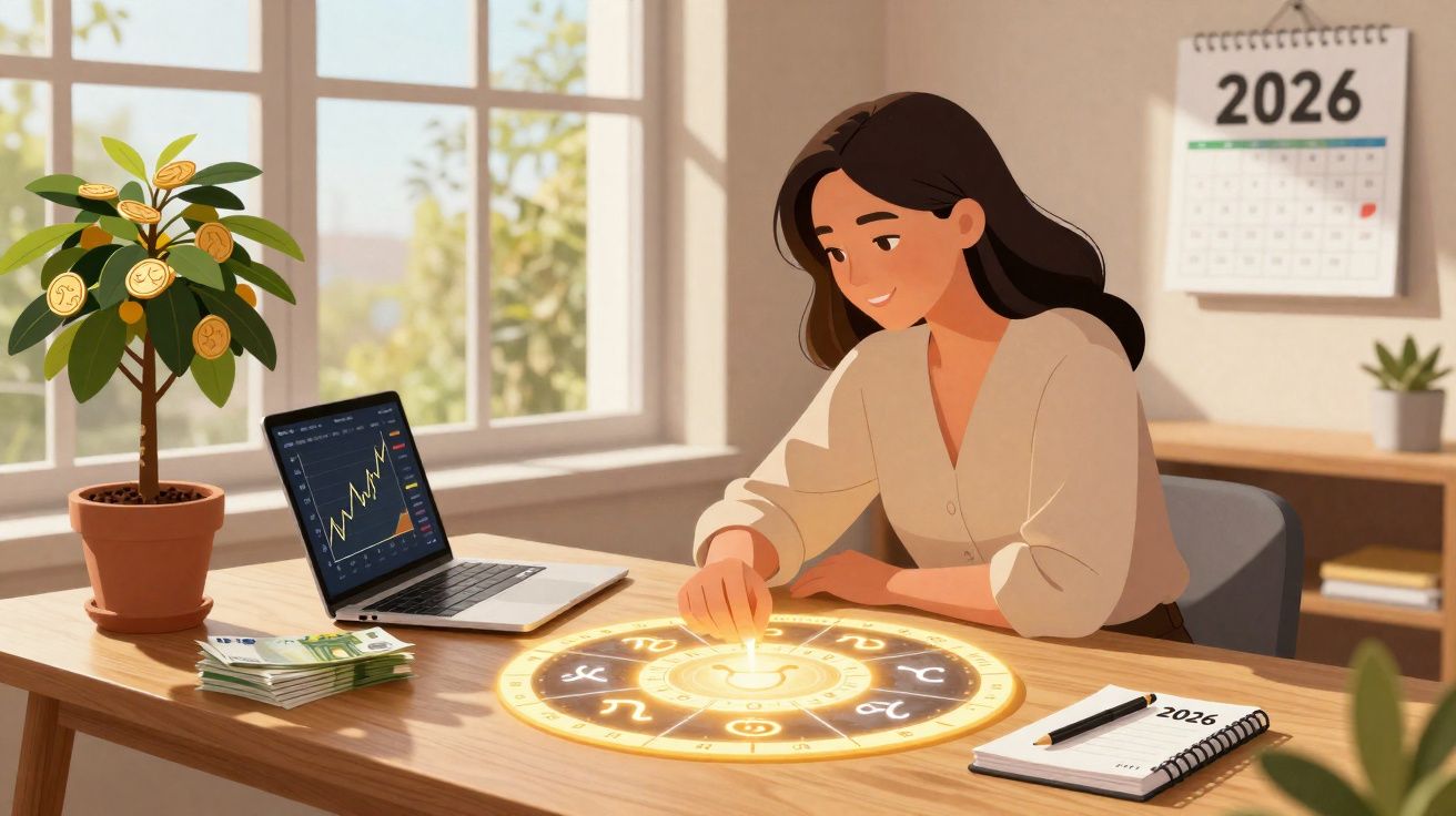 Femme utilisant un tableau astrologique lumineux sur une table avec un ordinateur, un carnet et un calendrier 2026.