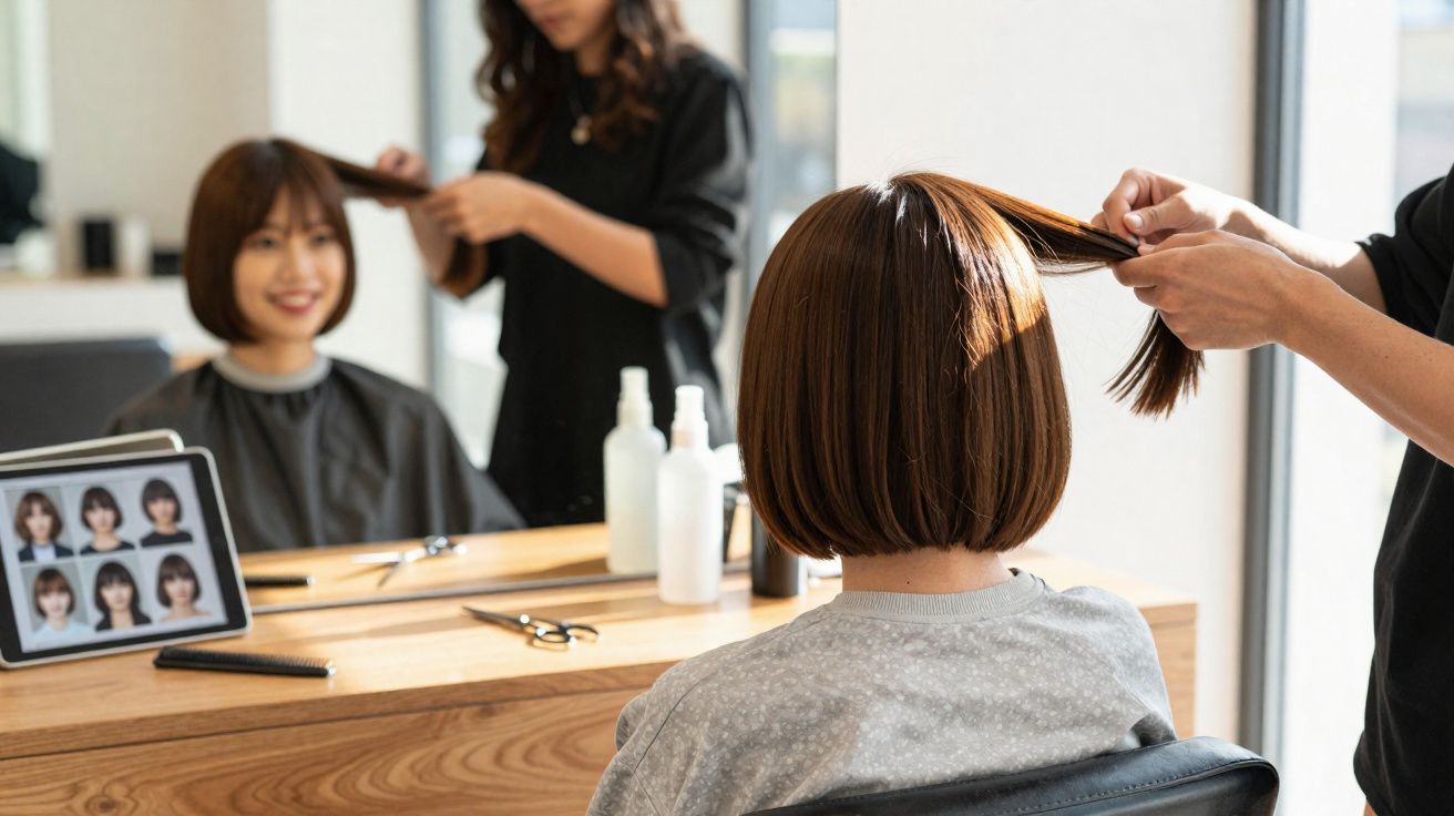 Femme aux cheveux courts châtain assise chez le coiffeur, stylistes travaillant sur ses cheveux devant un miroir.