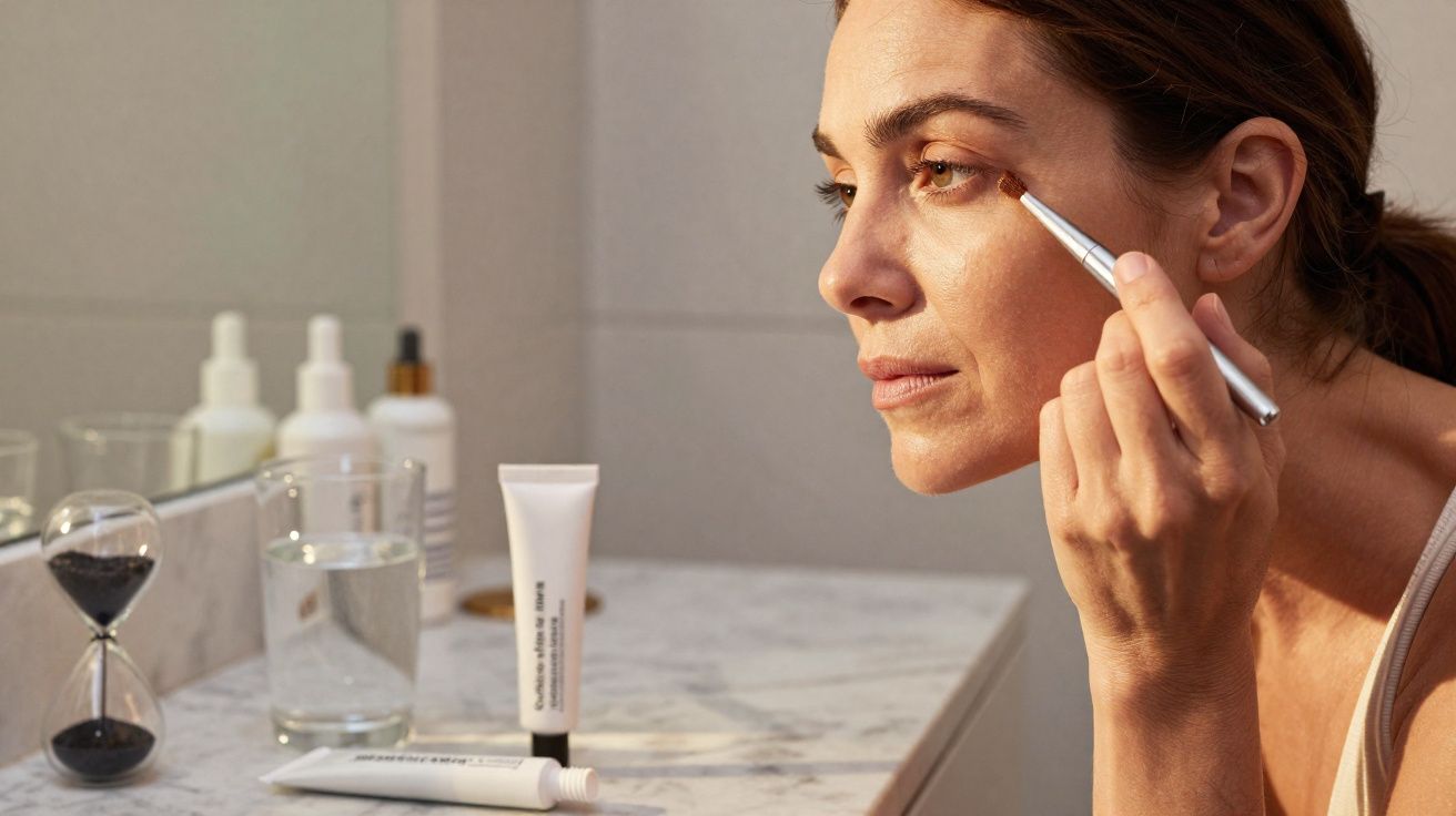 Femme appliquant du maquillage aux yeux devant un miroir dans une salle de bain lumineuse.