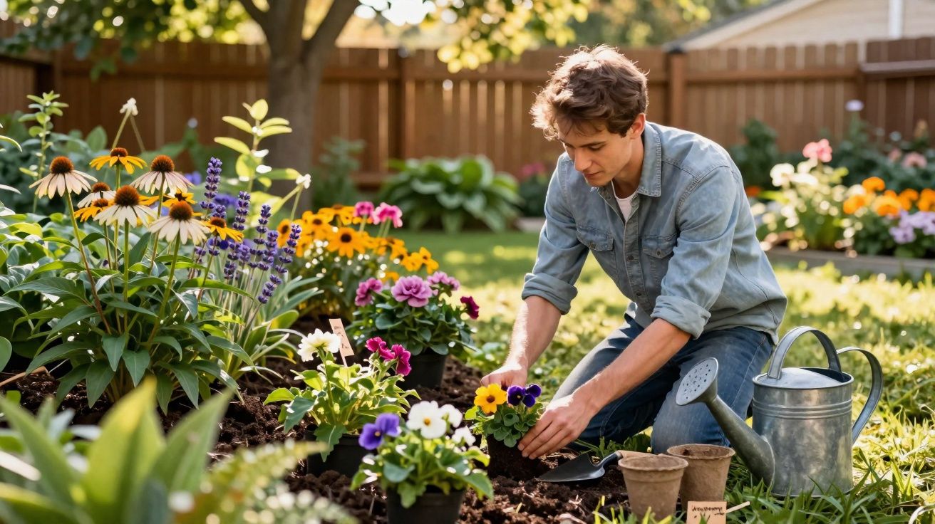 Jeune homme plantant des fleurs colorées dans un jardin en pleine journée ensoleillée.