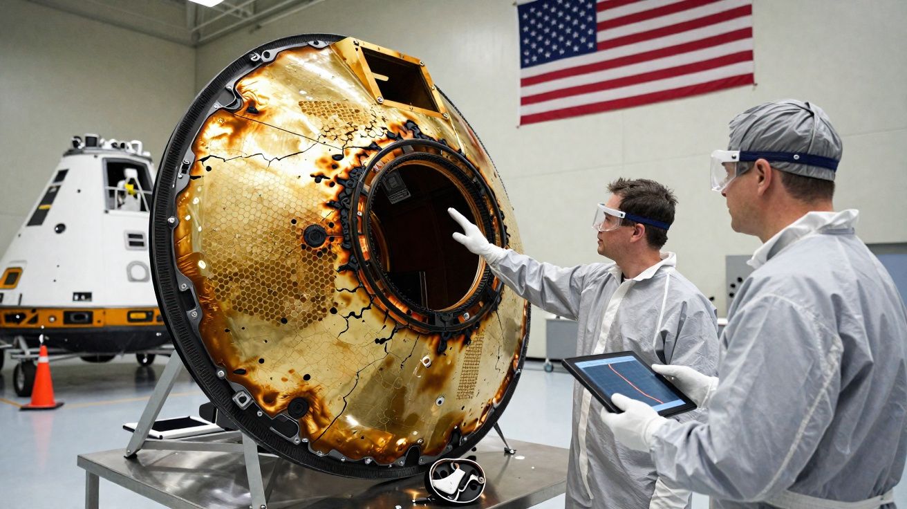 Deux ingénieurs inspectent un bouclier thermique brûlé d'un module spatial dans un laboratoire avec un drapeau américain.