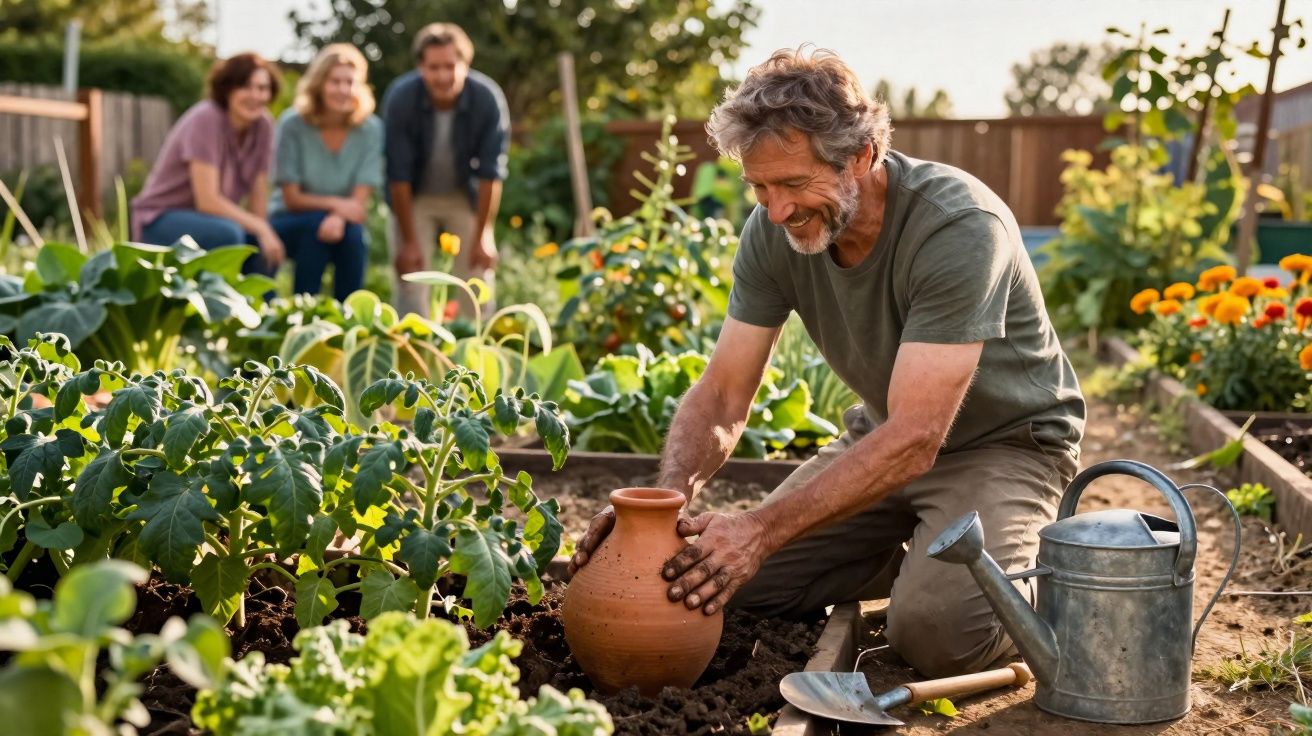Homme souriant plantant un pot en terre cuite dans un jardin potager, avec trois personnes en arrière-plan.