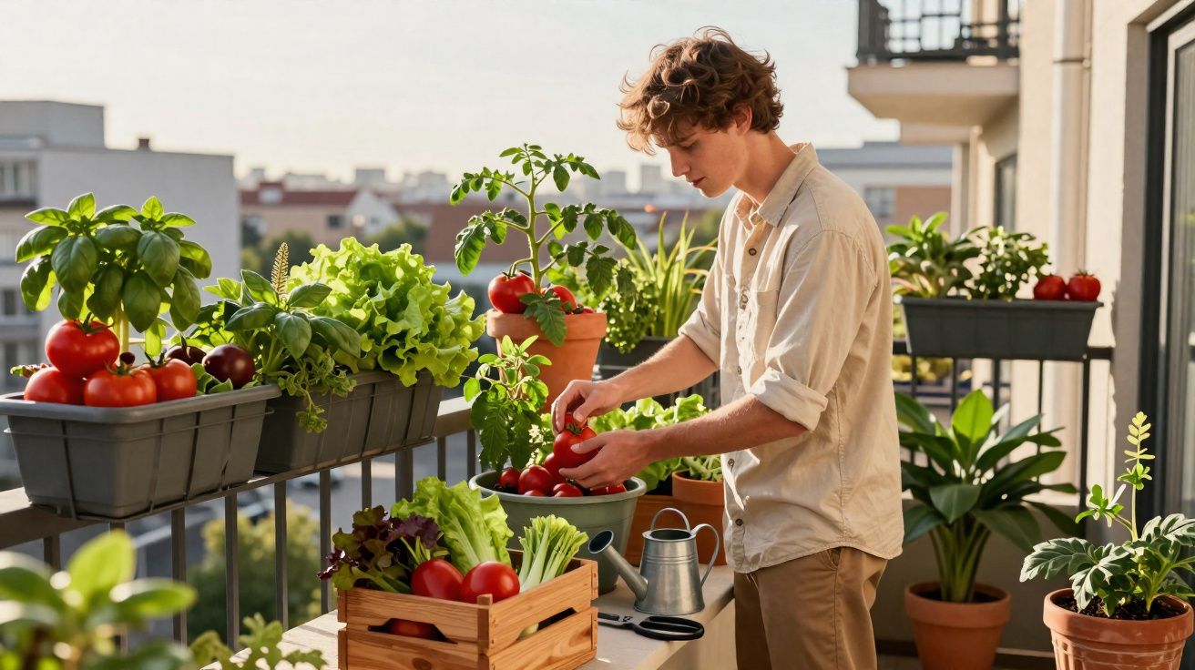 Jeune homme récoltant des tomates sur un balcon avec plusieurs plantes et jardinières.
