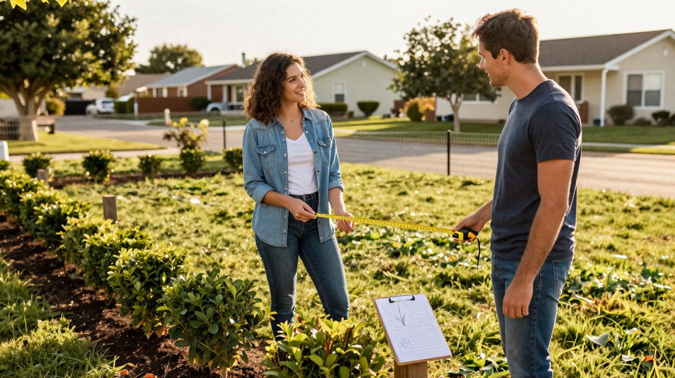Un homme et une femme mesurent un jardin ensoleillé devant des maisons dans un quartier résidentiel.
