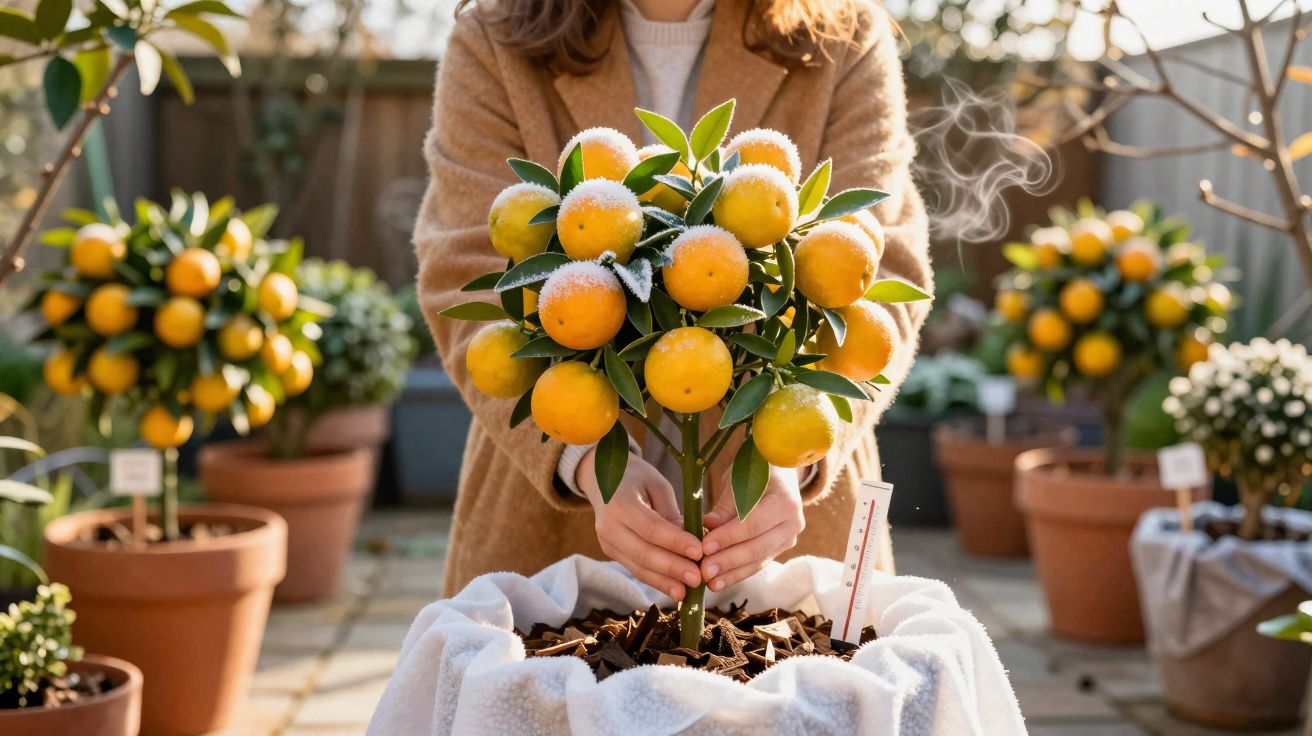 Personne tenant un petit oranger en pot avec des fruits oranges sur une terrasse ensoleillée.