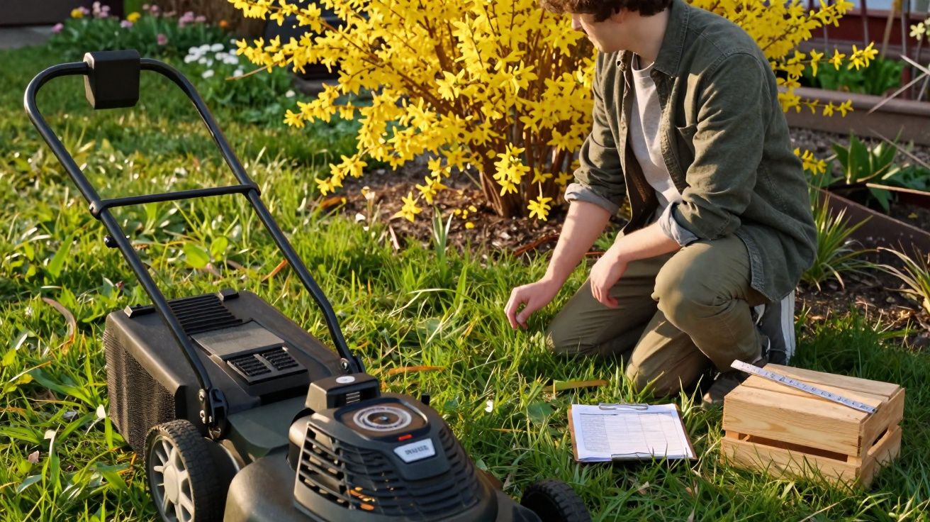 Personne agenouillée sur l’herbe à côté d’une tondeuse et des outils de jardinage.