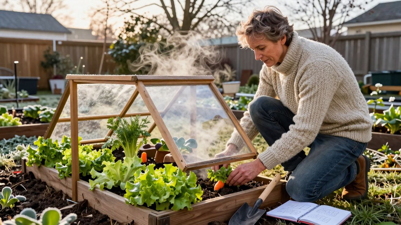 Homme arrangeant des légumes dans une jardinière avec serre miniature dans un potager extérieur.