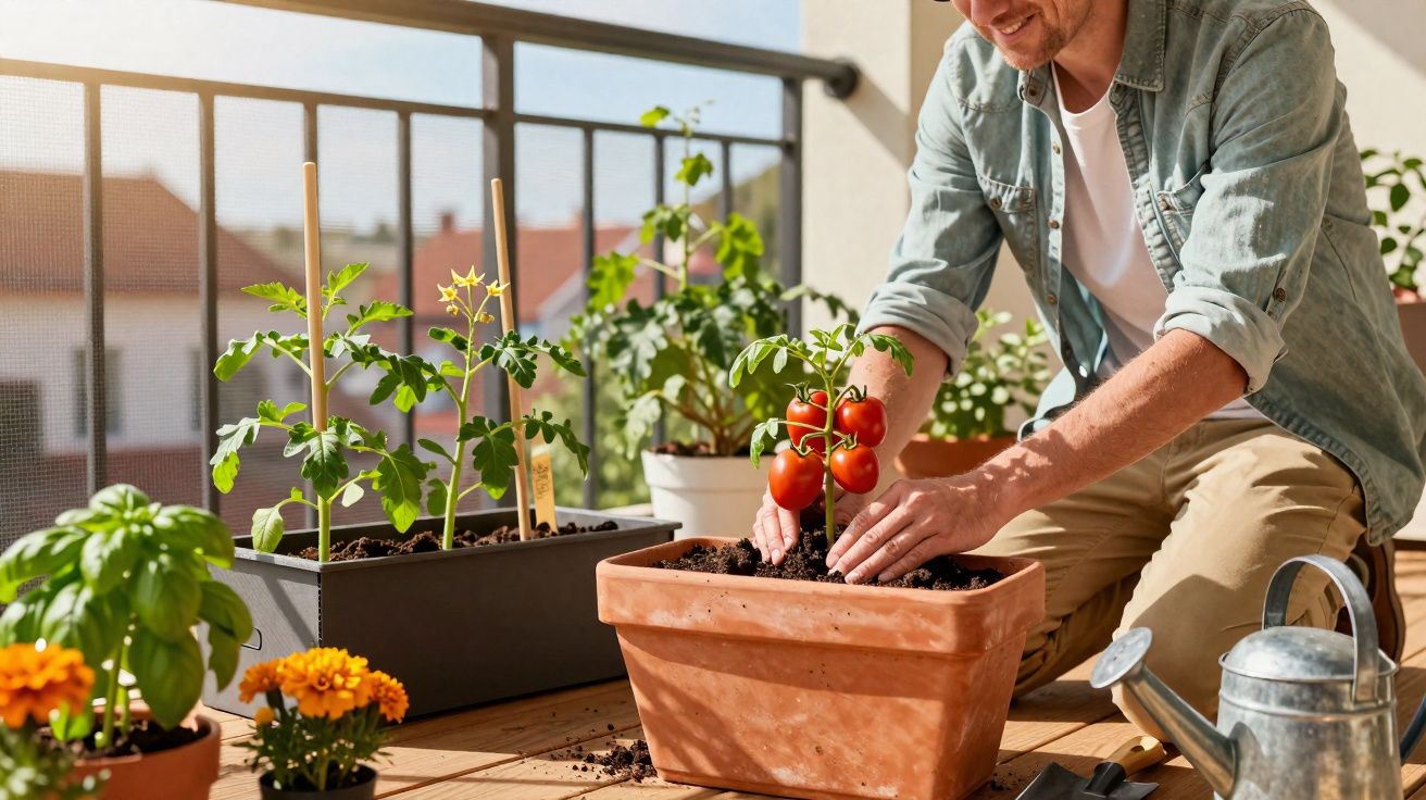 Homme jardinant sur un balcon, plantant un pied de tomates rouges dans un grand pot en terre cuite.