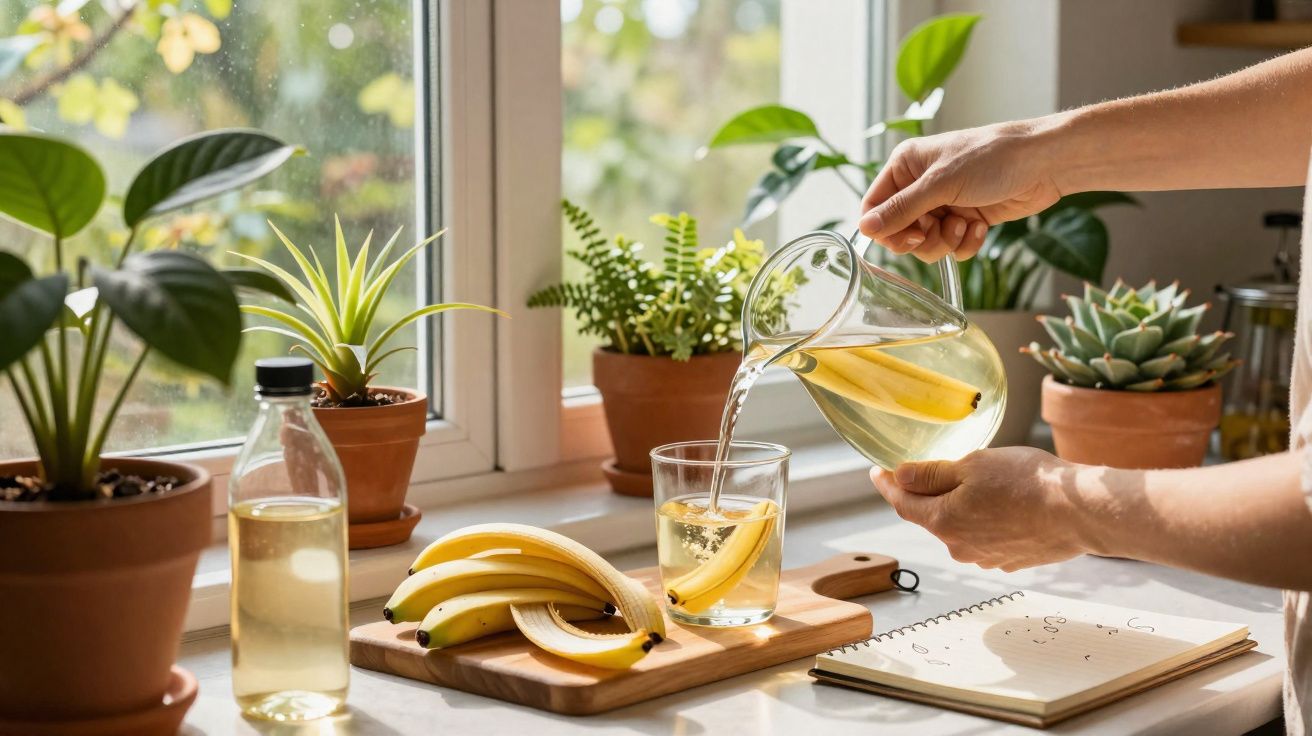 Main versant de l'eau infusée à la banane dans un verre sur un plan de travail avec plantes et carnet.