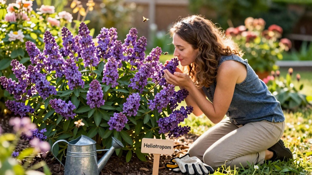 Femme sentant des fleurs violettes d'héliotropes dans un jardin, avec un arrosoir et des gants.