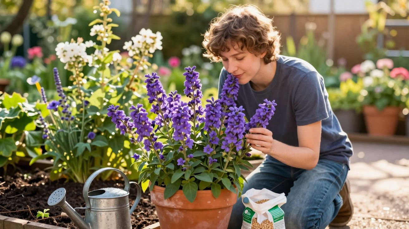 Jeune personne en T-shirt bleu sentant des fleurs violettes en pot dans un jardin ensoleillé.