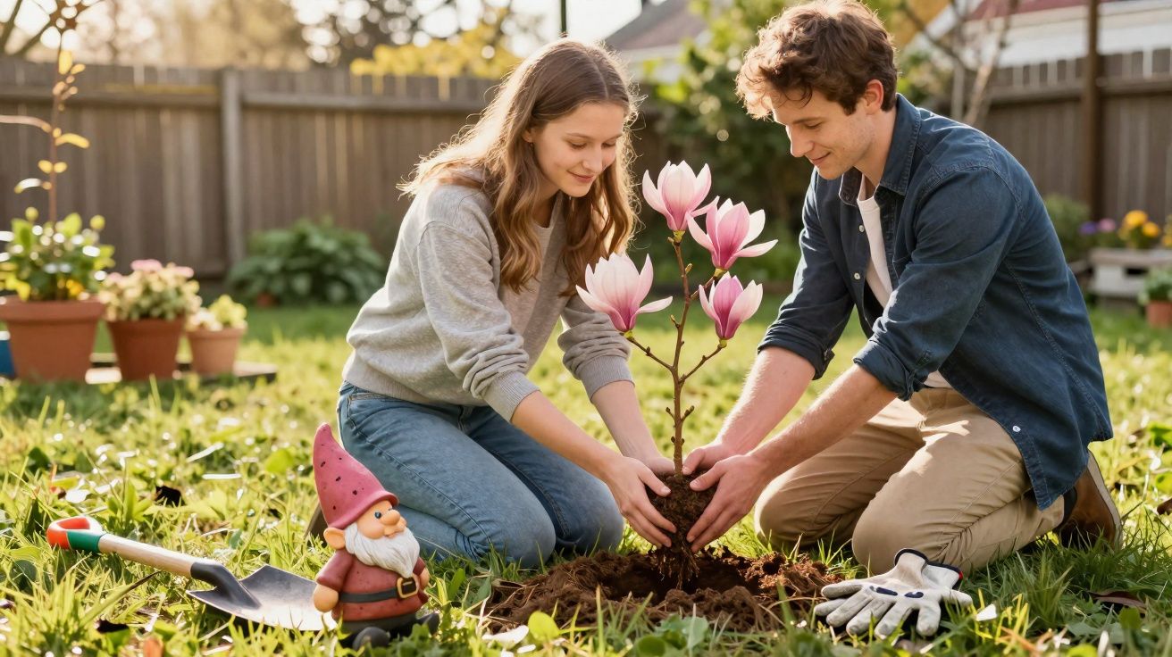 Un couple plante un magnolia rose dans un jardin ensoleillé, avec un nain de jardin et une pelle à côté.