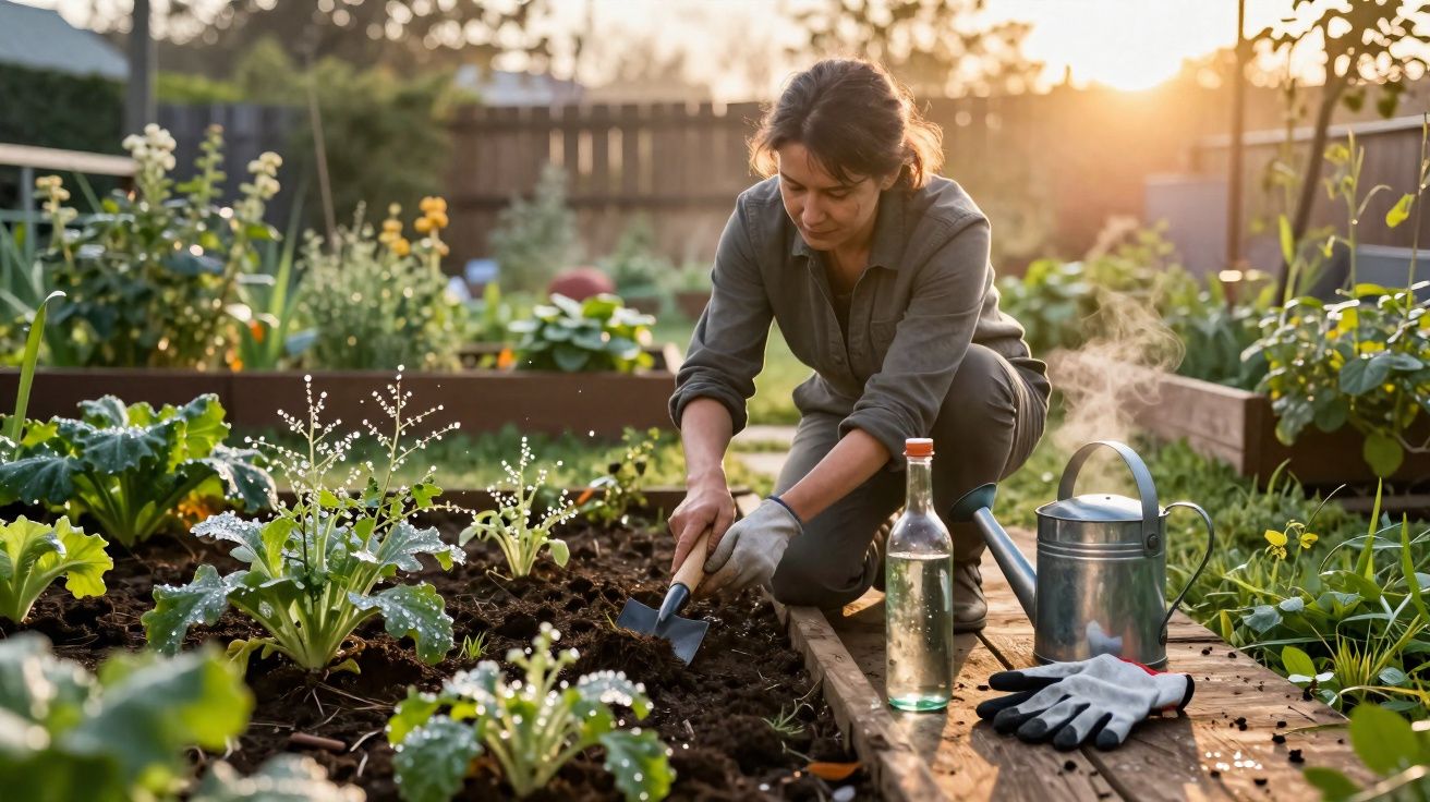 Femme jardinant au lever du soleil, entourée de plantations, avec arrosoir et gants posés à côté.