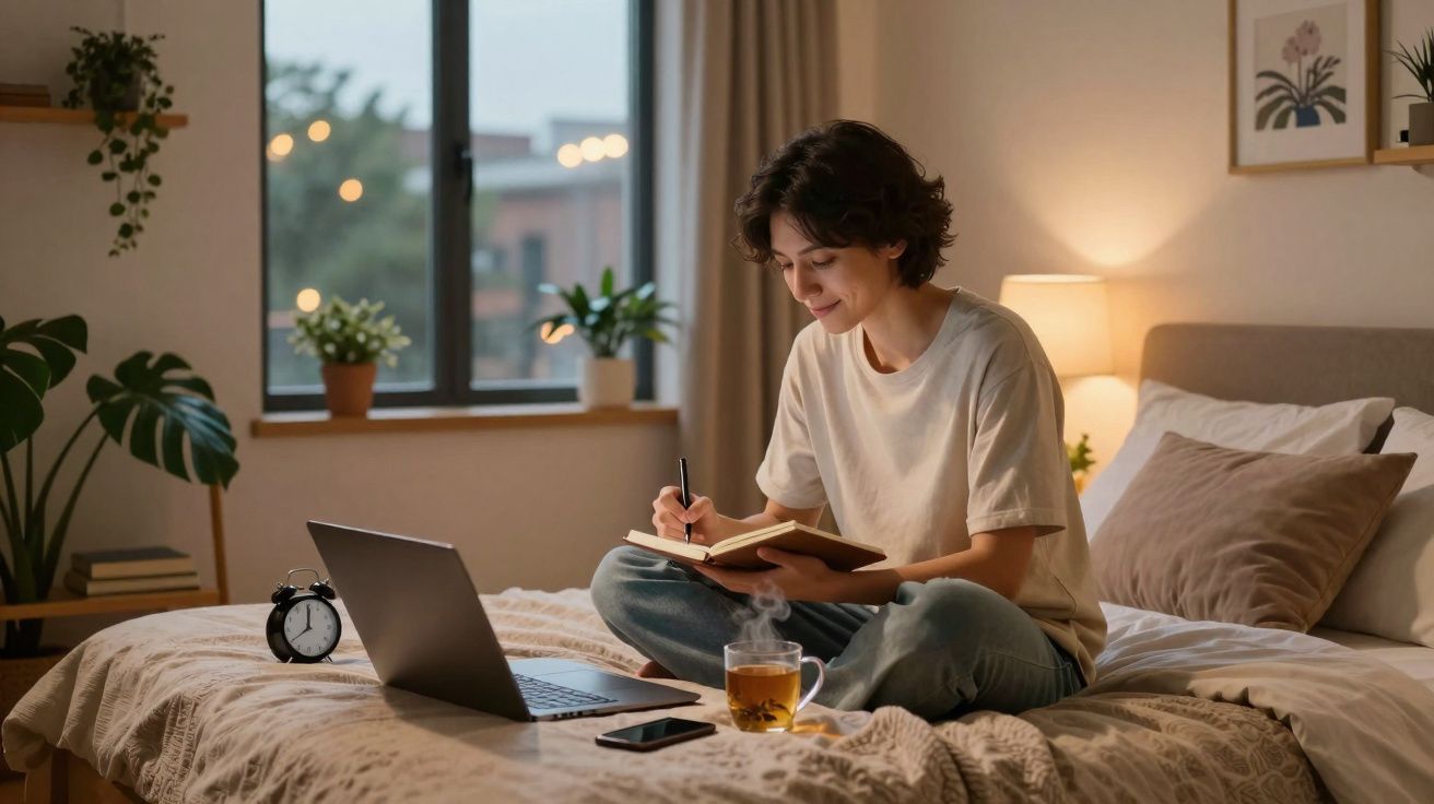 Jeune femme assise sur un lit, écrivant dans un carnet avec un ordinateur portable et une tasse de thé devant elle.