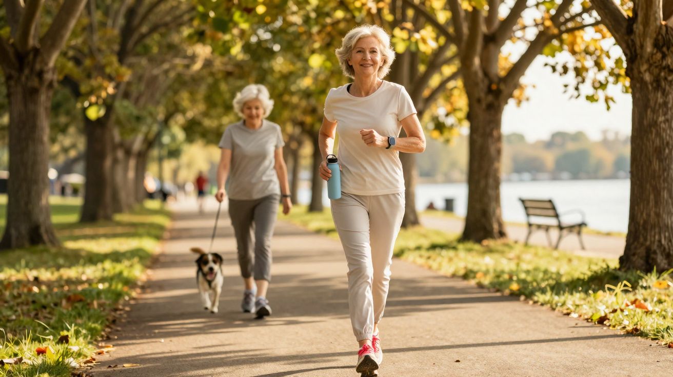 Deux femmes âgées actives en tenue sportive, l’une court avec une gourde, l’autre marche un chien dans un parc.