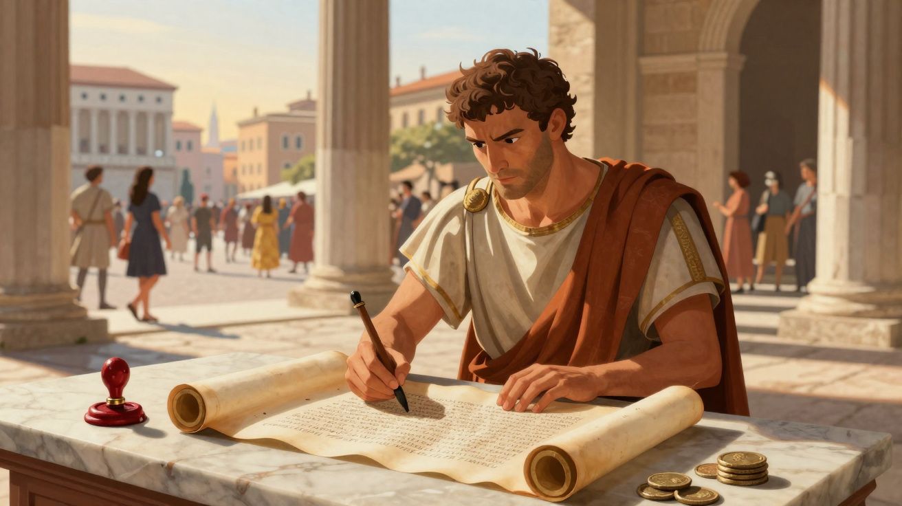 Homme antique écrivant sur un parchemin au marbre, scène de marché animée en arrière-plan.