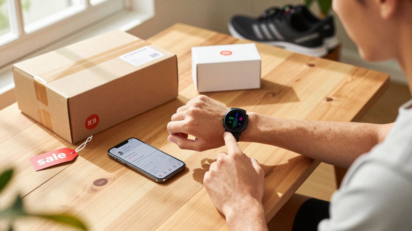 Homme vérifiant les données de sa montre connectée sur un bureau avec smartphone et boîtes.