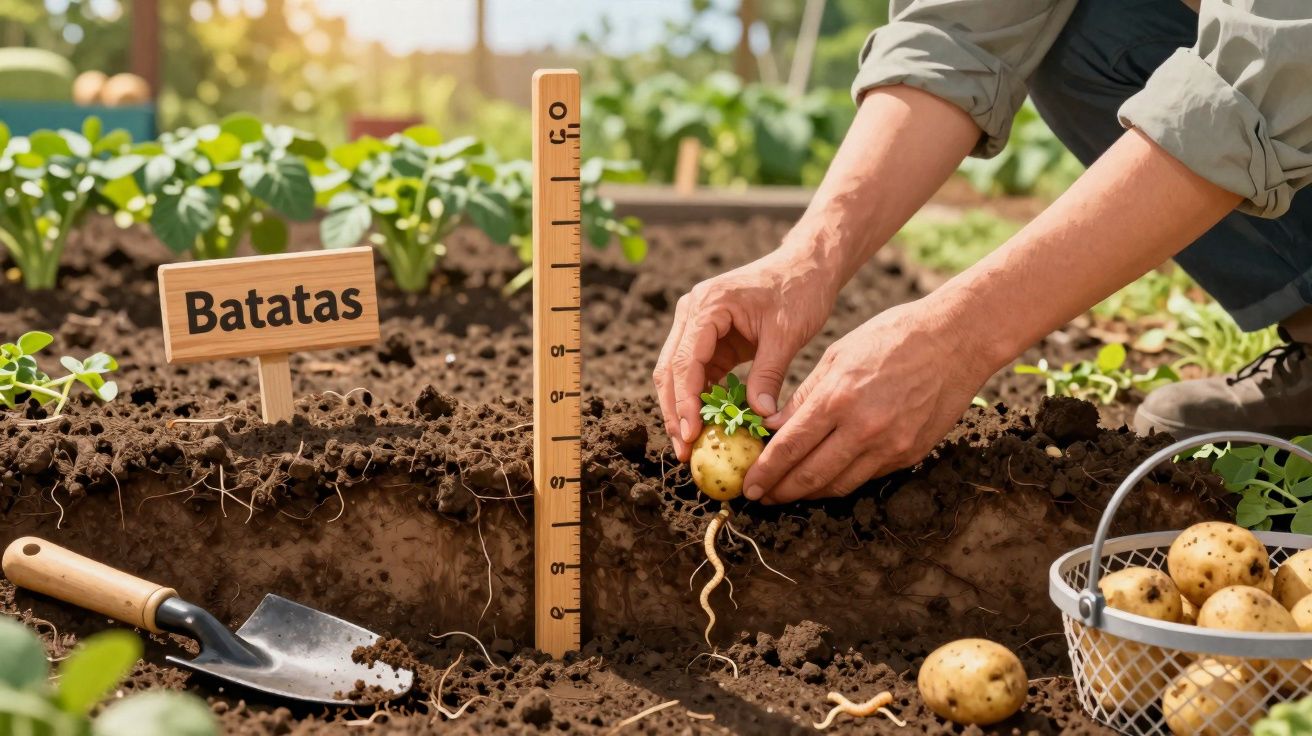 Main plantant une jeune pousse de pomme de terre dans un potager avec pelle et panier de pommes de terre.