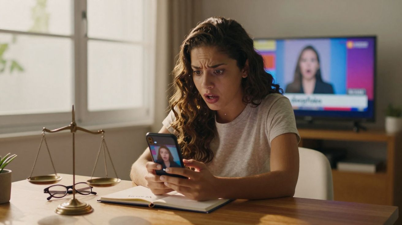 Jeune femme surprise regardant son téléphone, avec une balance de justice et des lunettes sur une table devant elle.