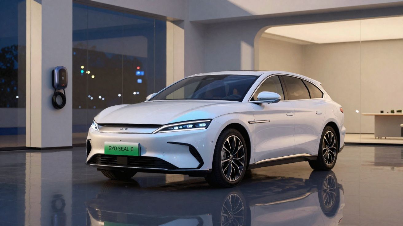 Voiture électrique blanche BYD Seal 6 garée devant une maison moderne, prise en soirée.