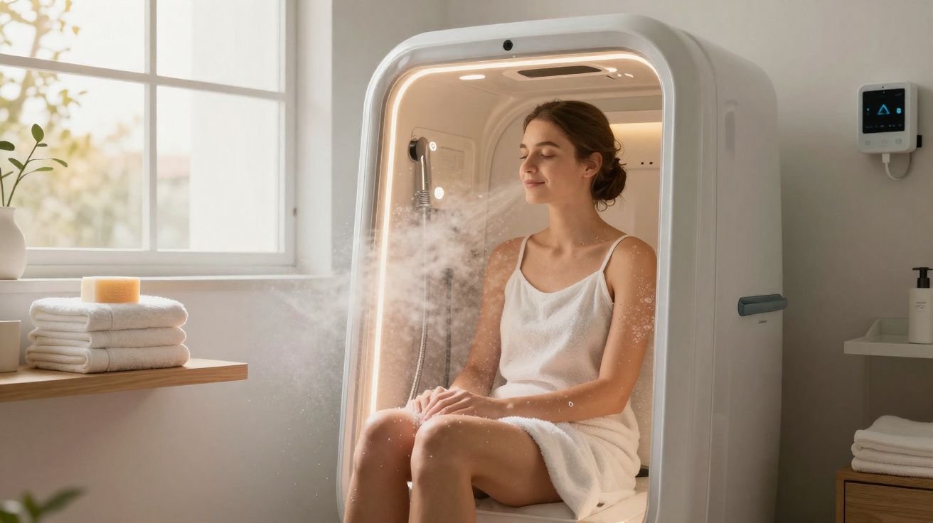 Femme détendue recevant un soin de vapeur faciale dans une cabine moderne près d'une fenêtre lumineuse.