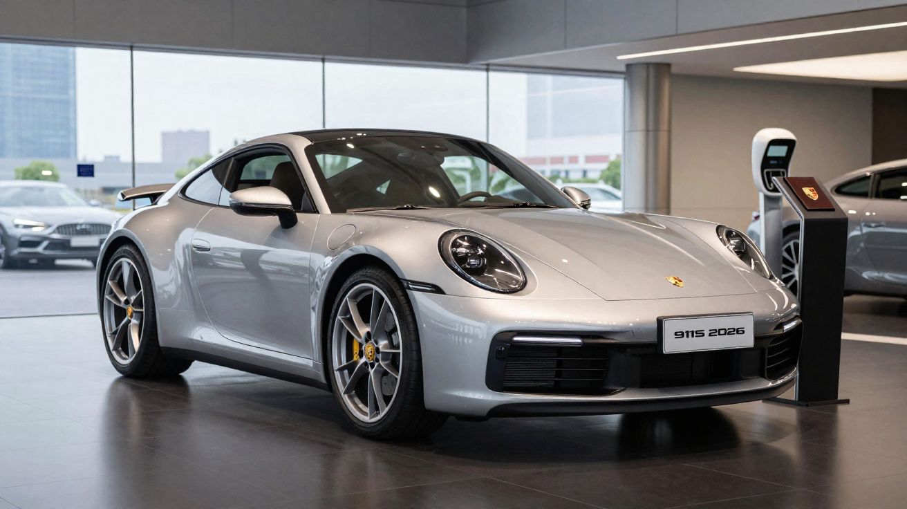 Voiture sportive Porsche 911 grise modèle 2026 exposée dans un showroom moderne.