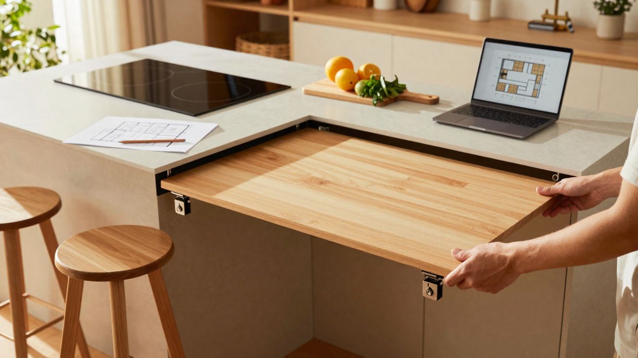 Plan de travail de cuisine moderne avec tablette en bois extensible tirée et plan sur ordinateur portable.