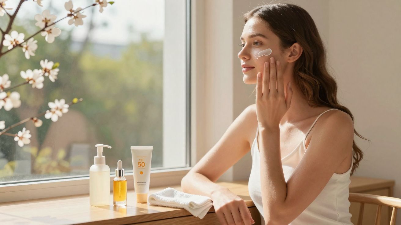 Femme appliquant une crème solaire sur le visage près d'une fenêtre avec des produits de soin et des fleurs en arrière-plan.