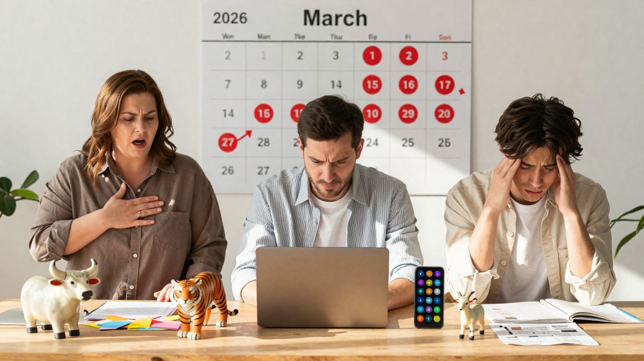 Trois personnes stressées travaillant devant un ordinateur avec calendrier de mars 2026 en arrière-plan.