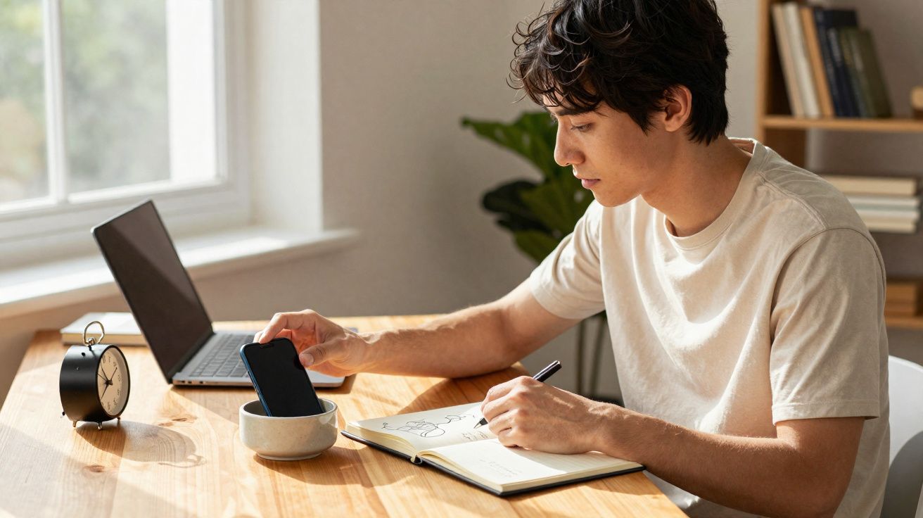 Jeune homme prenant son téléphone dans un bol tout en écrivant dans un carnet près d’un ordinateur portable.