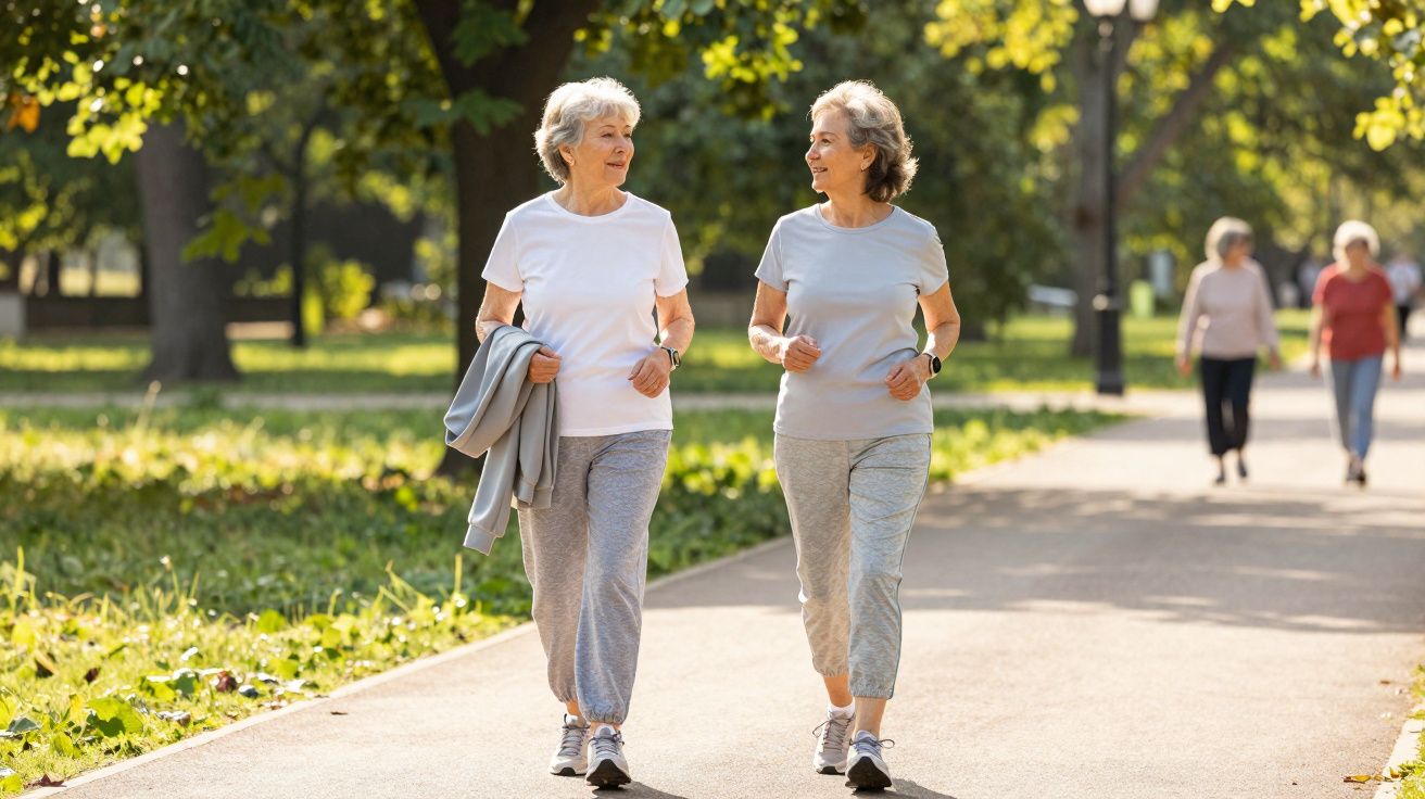 Deux femmes âgées marchant et discutant dans un parc ensoleillé, vêtues de tenues décontractées.