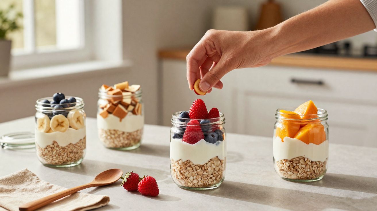 Quatre pots en verre avec granola, yaourt et fruits frais, main ajoutant un fruit rouge dans la cuisine.