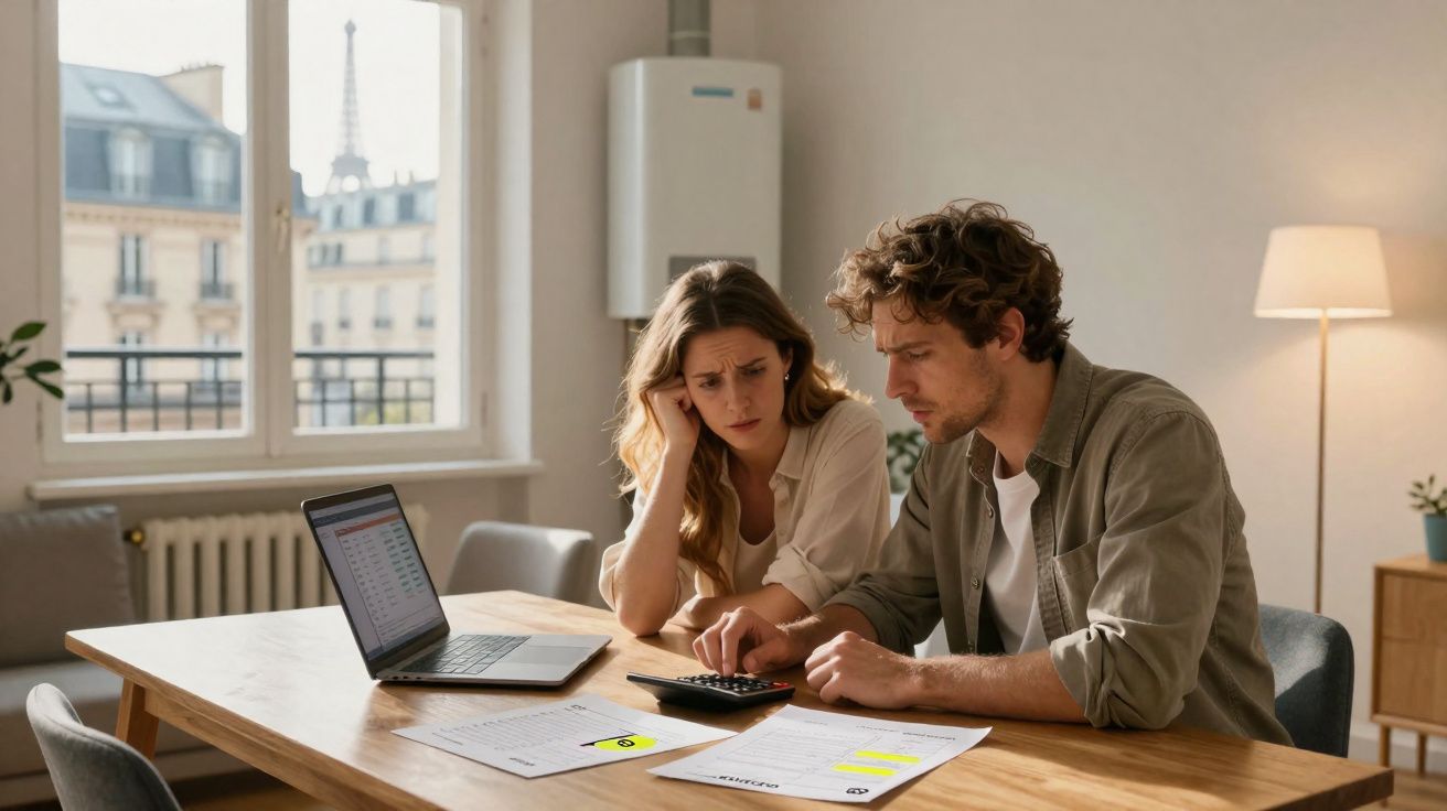 Un couple inquiet calculant ses finances à une table avec un ordinateur portable et des documents, Paris en arrière-plan.