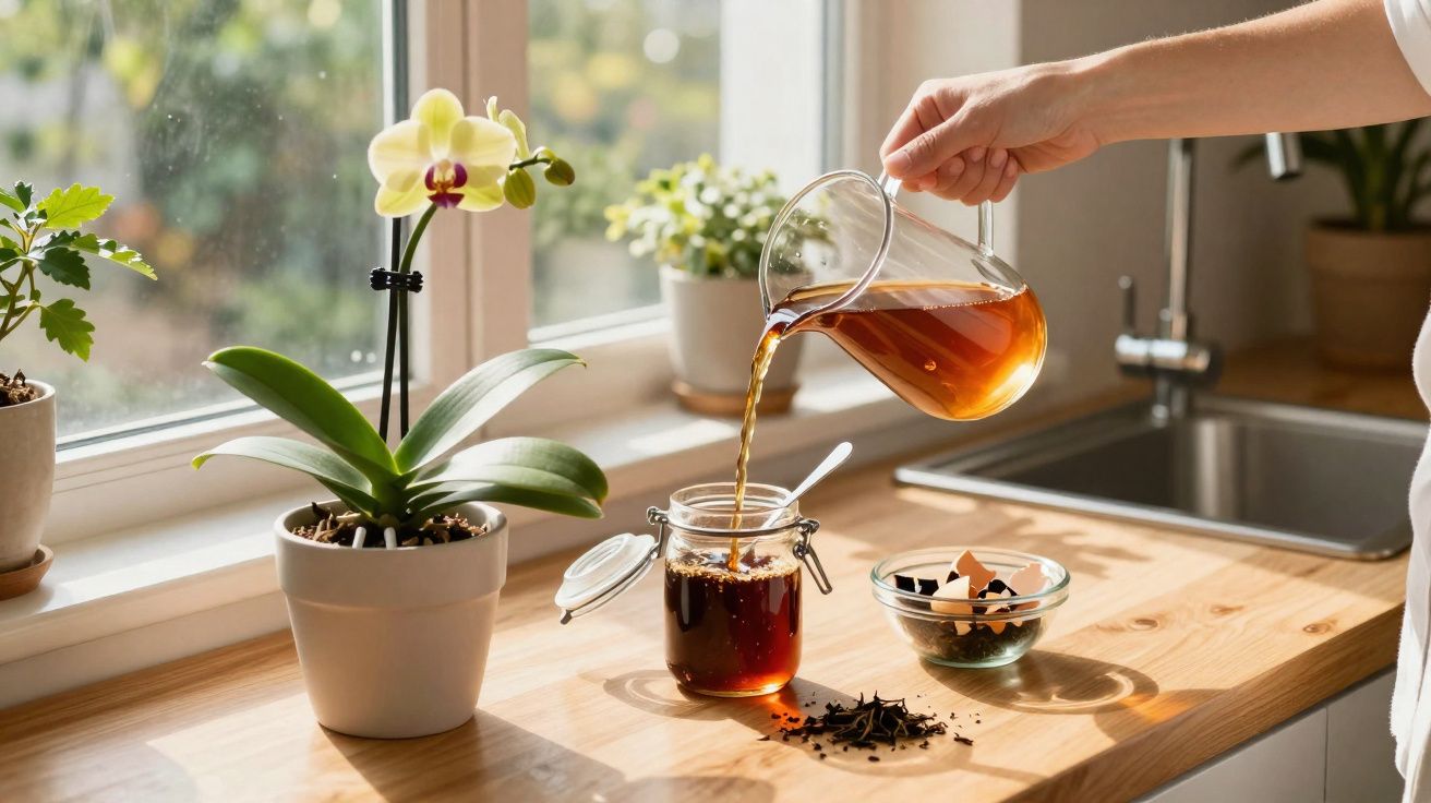 Main versant du thé dans un bocal sur un plan de travail en bois près d'une fenêtre avec plantes vertes.