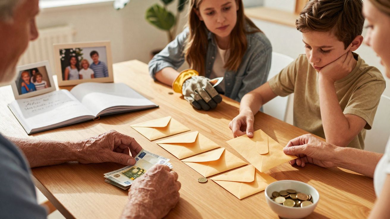 Une famille prépare des enveloppes avec de l'argent sur une table en bois, un garçon et une femme les observent.