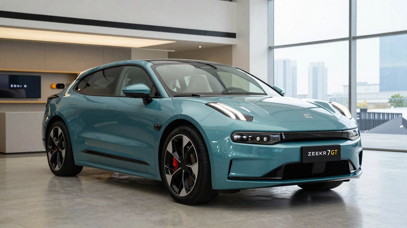 Voiture électrique Zeekr 007 GT bleue exposée dans un showroom moderne avec grandes fenêtres.