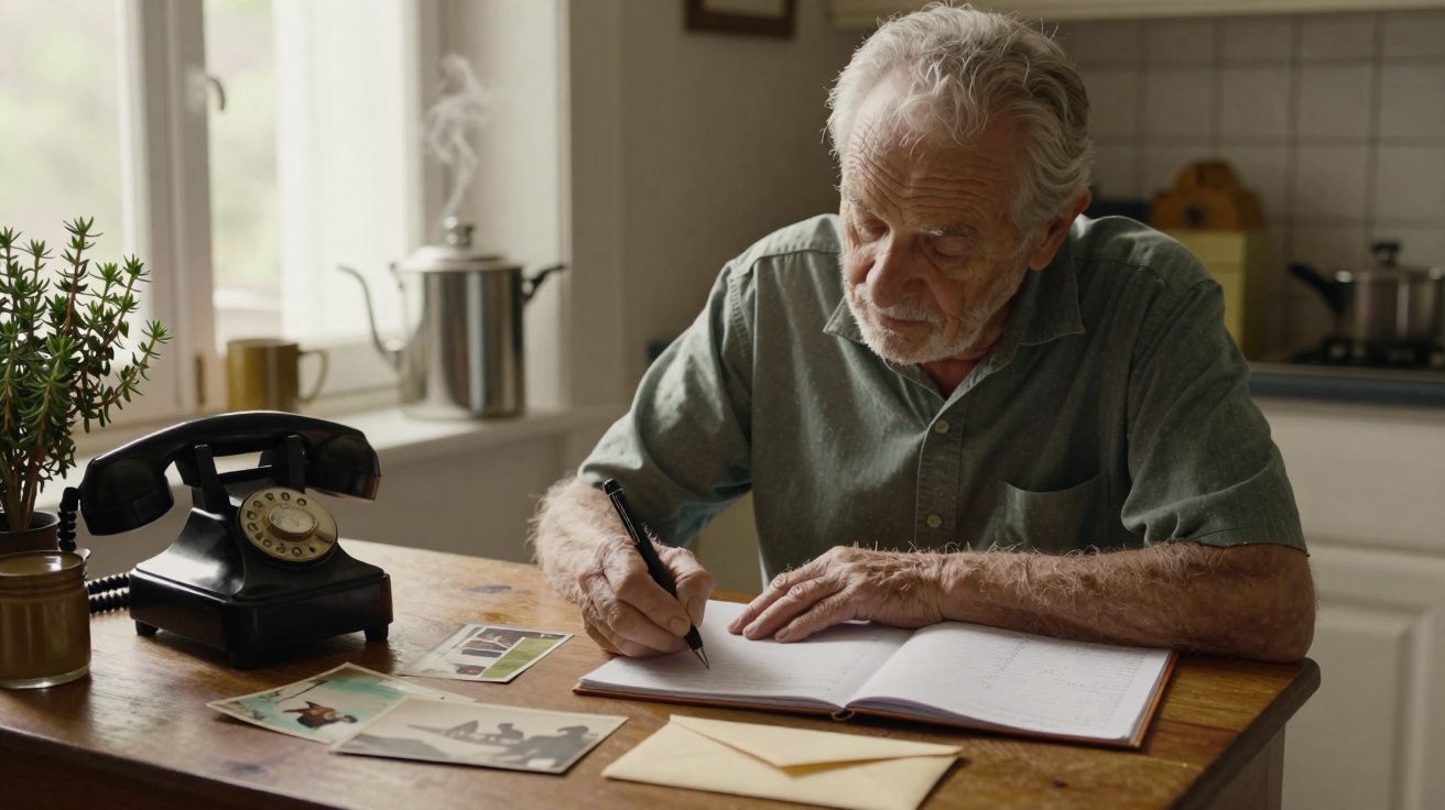 Homme âgé écrivant dans un carnet à une table en bois, avec un vieux téléphone noir et des photos anciennes.